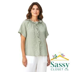 CHICO'S Green White Seersucker Stripe Ruffle Neck Blouse 2 US 12 Large EUC